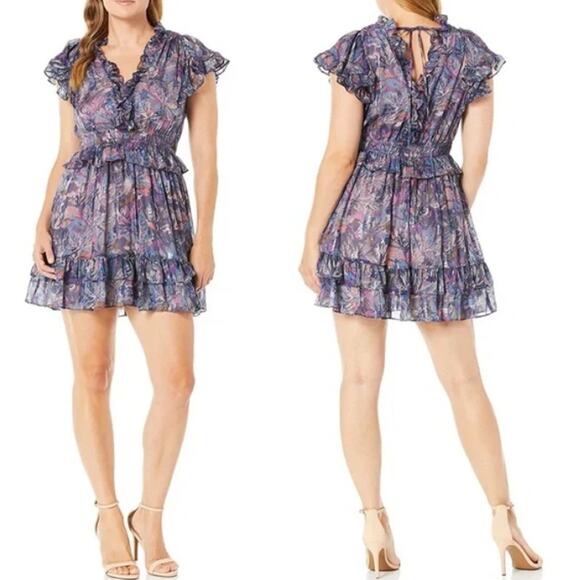 Rebecca Taylor Sleeveless Ruffle Shimmer Print Mini Dress Size Medium - Picture 1 of 10